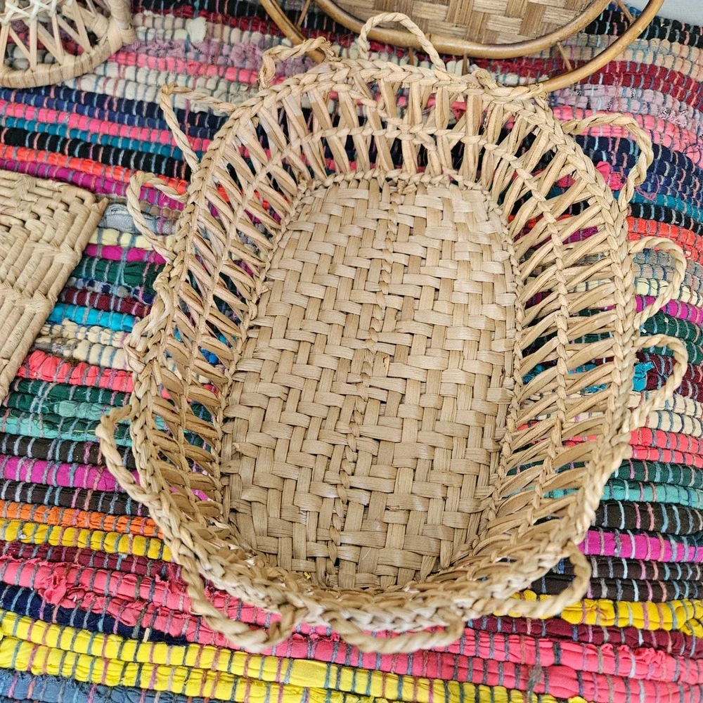 Mixed 4pc Wicker Rattan Lot Bundle Doll Chair Hot Pad Basket Tray Boho Farmhouse